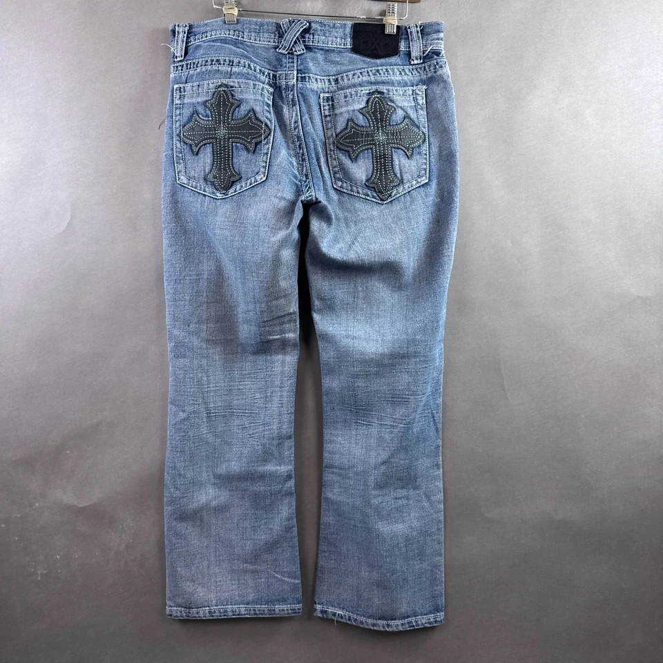 Pantalones de mezclilla Xtreme Couture para hombre 34x28 azules bordados Distress (etiqueta 34x30) Foto 4 de 4