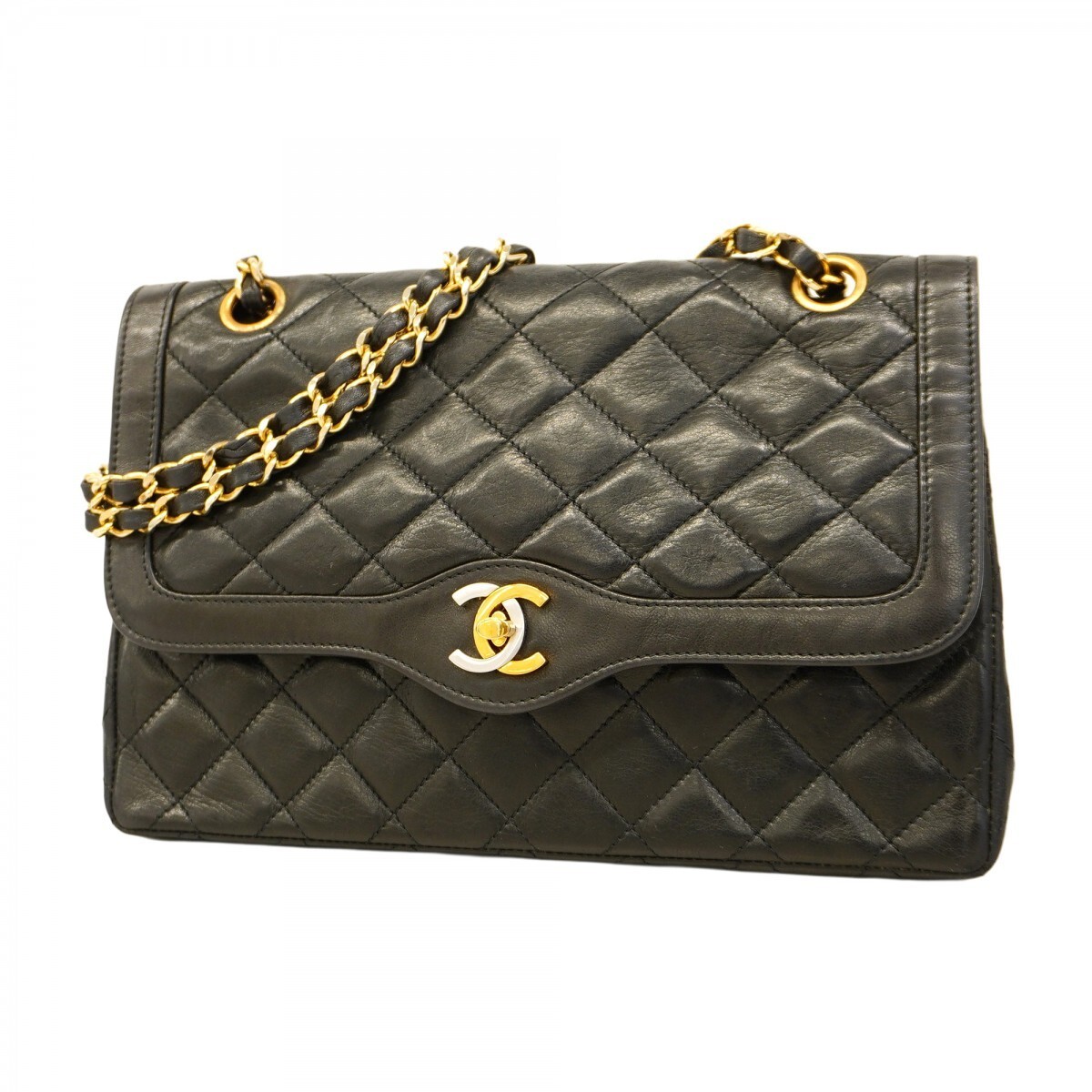 CHANEL Limited Edition Matelassé Flap Shoulder Bag Lambskin Black Gold Chain