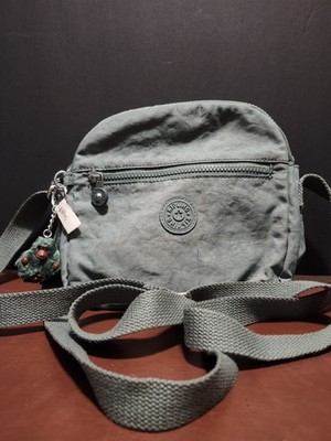 Kipling Green Small Crossbody Bag Monkey Charm Zip Closure Silver Hardware