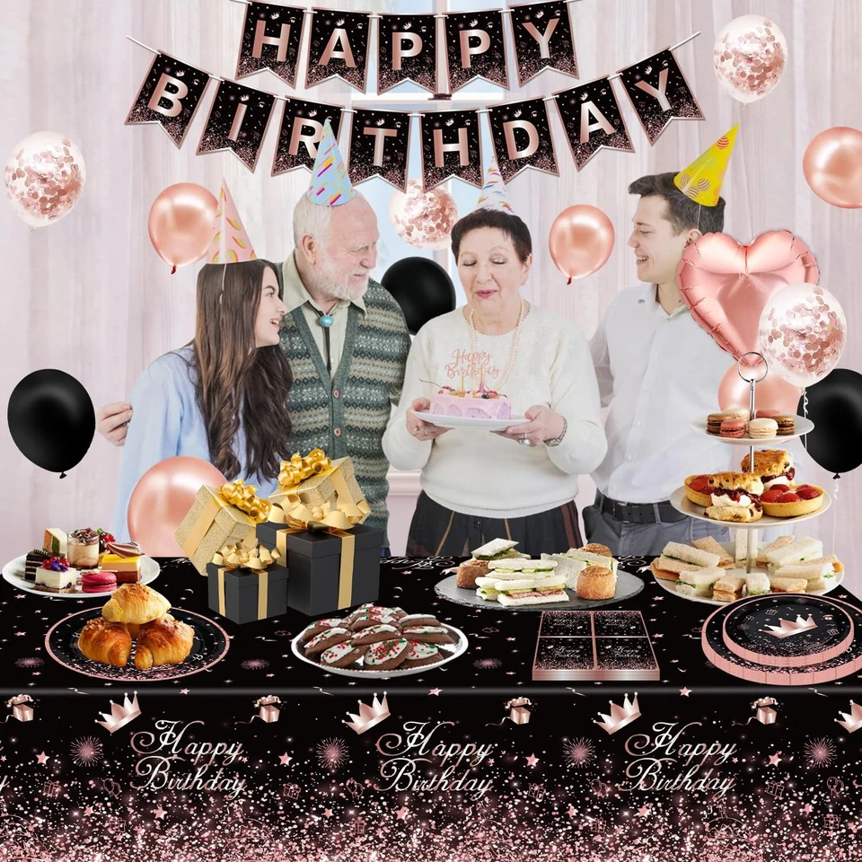 Paquete de 123 suministros de fiesta de oro negro y rosa decoraciones de fiesta de cumpleaños rosa S... Foto 3 de 4