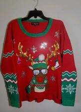 33 Degrees Ugly Christmas Sweater Size XL Red Reindeer Tinsel Sequins Pullover
