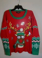 33 Degrees Ugly Christmas Sweater Size XL Red Reindeer Tinsel Sequins Pullover