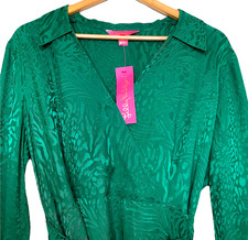 Lilly Pulitzer Wrap Dress Sz 14 Nicolina Jaquard Green long sleeve Animal print