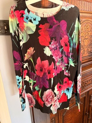 Halogen Black Floral Multicolor Warm Bright Winter Sweater Medium