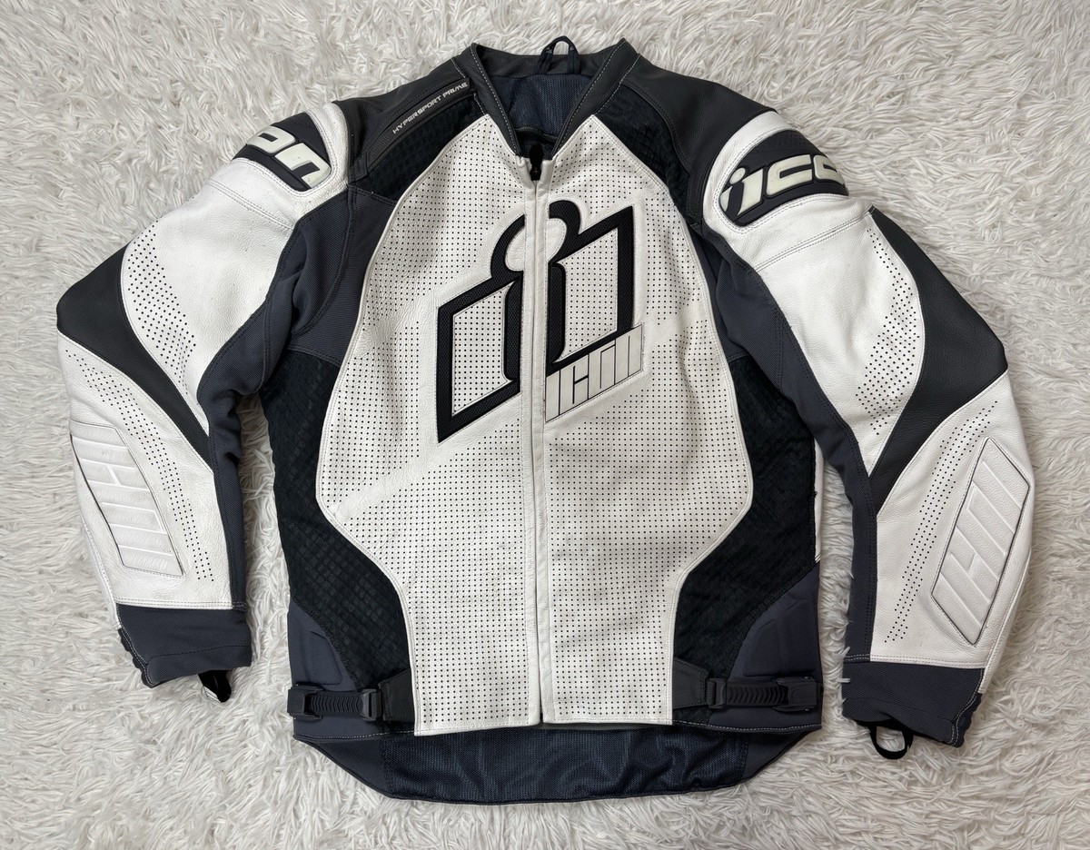 Icon Hypersport Prime Leather Motorcycle Jacket White Black D3O
