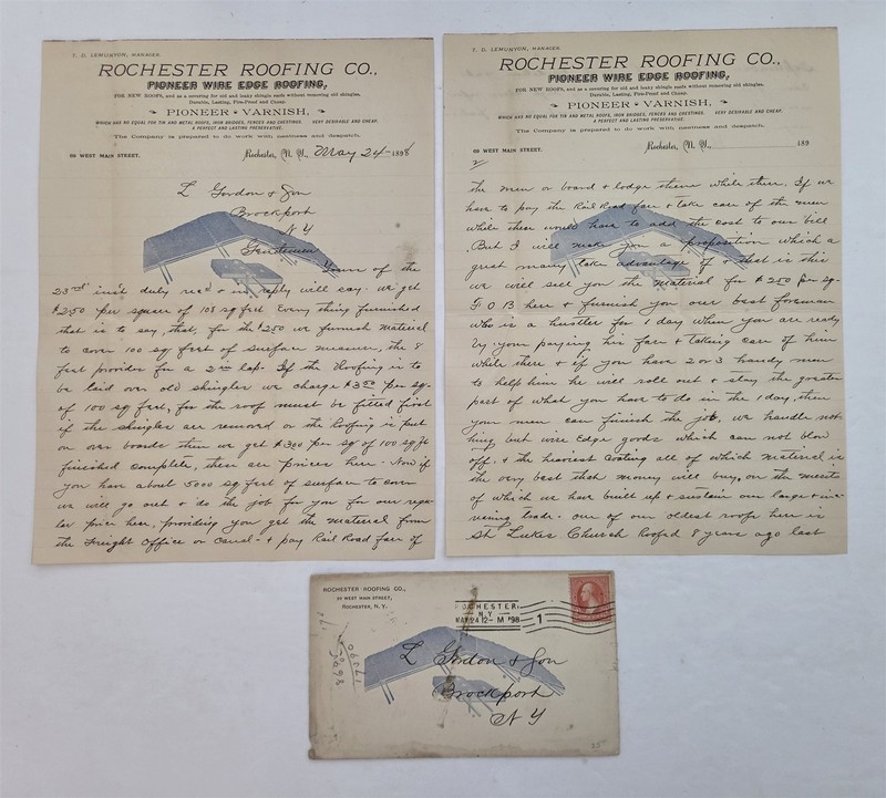 1898 antique ROCHESTER ROOFING CO rochester ny LETTER to L GORDON & SON COVER