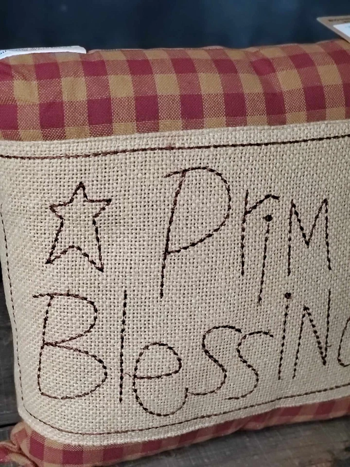 Throw Pillow 12 inch Primitive Blessings Embroidered Burgundy Tan Check Burlap - Image 2 of 3