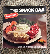 Vintage 80s Thermo Serv Snack Bar w/Dome Lid And Snap on Lids w/Box Serving Set