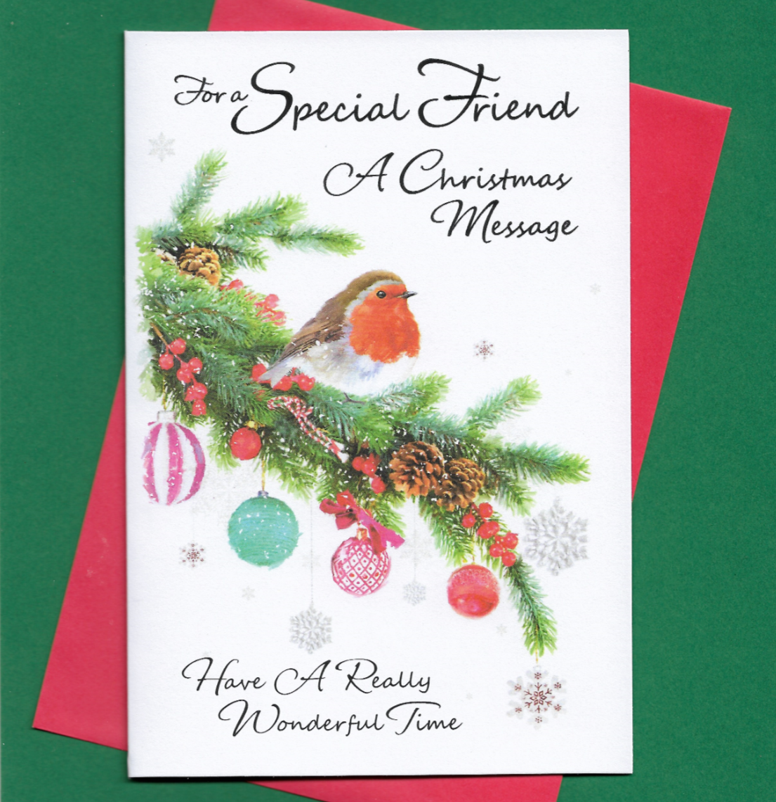 Special Friend Christmas Card Red Robin Bauble Verse Message Words 19x13cm