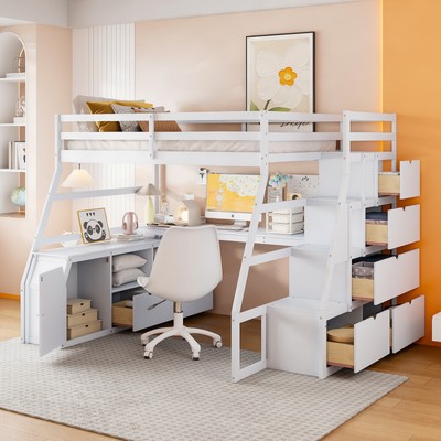 Full Size Loft Bed with 7 Drawers ,2 Shelves and Desk for kids Bedroom White