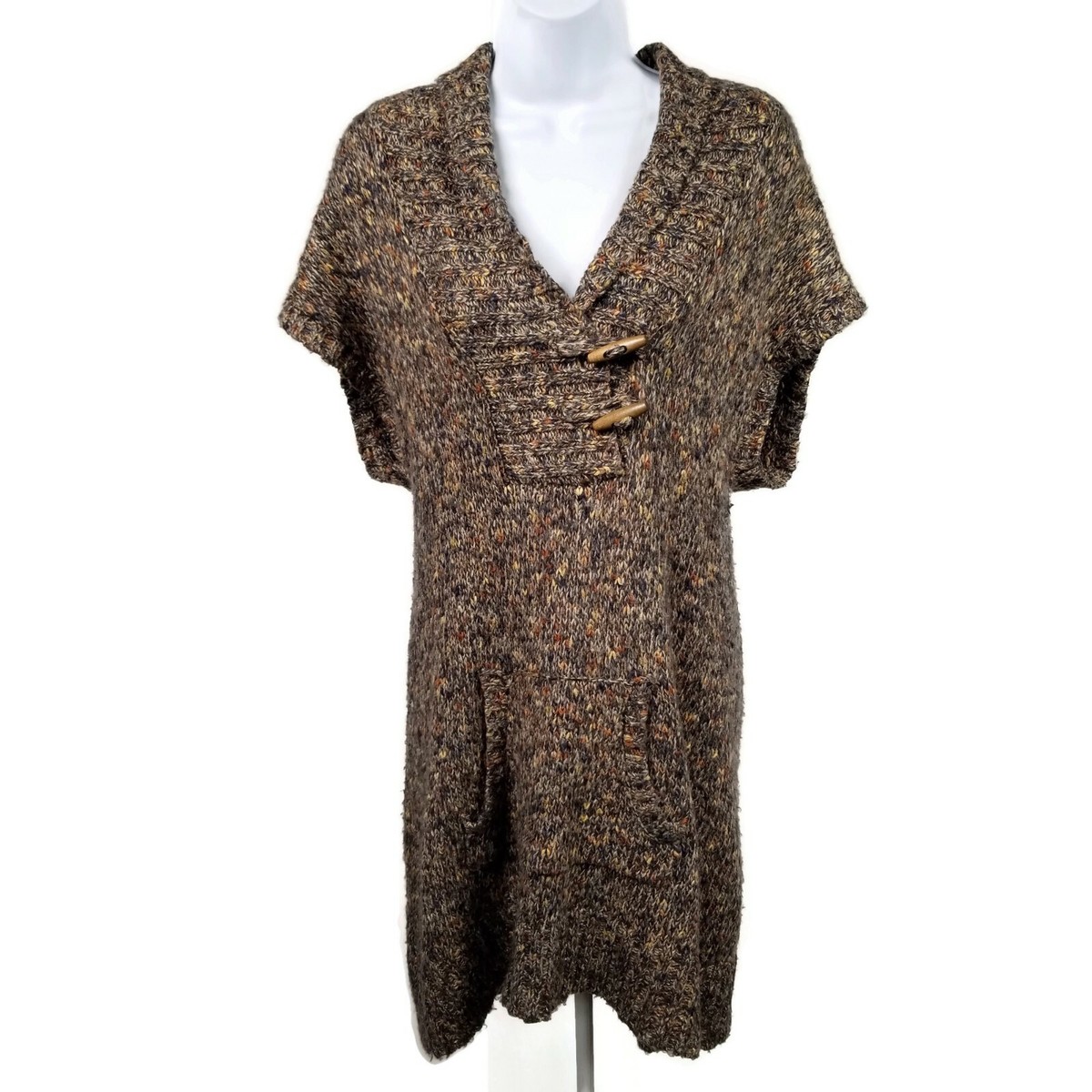 Ruff Hewn Brown Multicolor Short Sleeve Wood Button Tunic Sweater Dress  Womens M