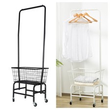 Wire Laundry Basket Cart W/Hanger Rack Trolley Grocery 4 Wheels Household
