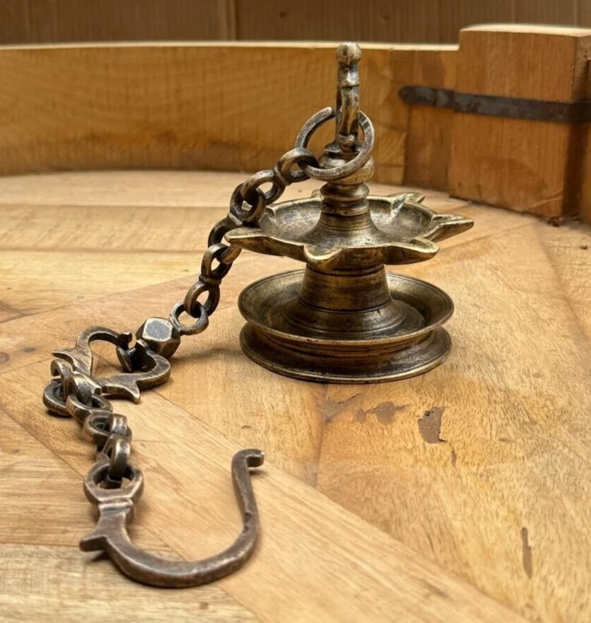 Antique Brass Hanging Diya Oil Light Lamp with Chain Original Old Fine Engraved - Image 3 of 4