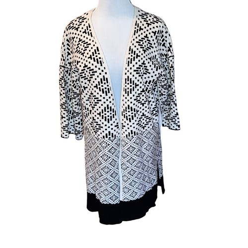 H&M Black & White Diamonds Open Front 3/4 Sleeve Wool Blend Oversized Cardigan