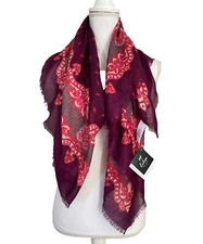 ECHO Wine Coral paisley Fringe Scarf Wrap Lightweight 41"X38" NWT $49 GIFT #MQ21