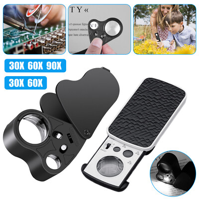 2PCS 30X 60X 90X Jewelry Magnifier Loop Eye Magnifying Glass Folding w/LED Light