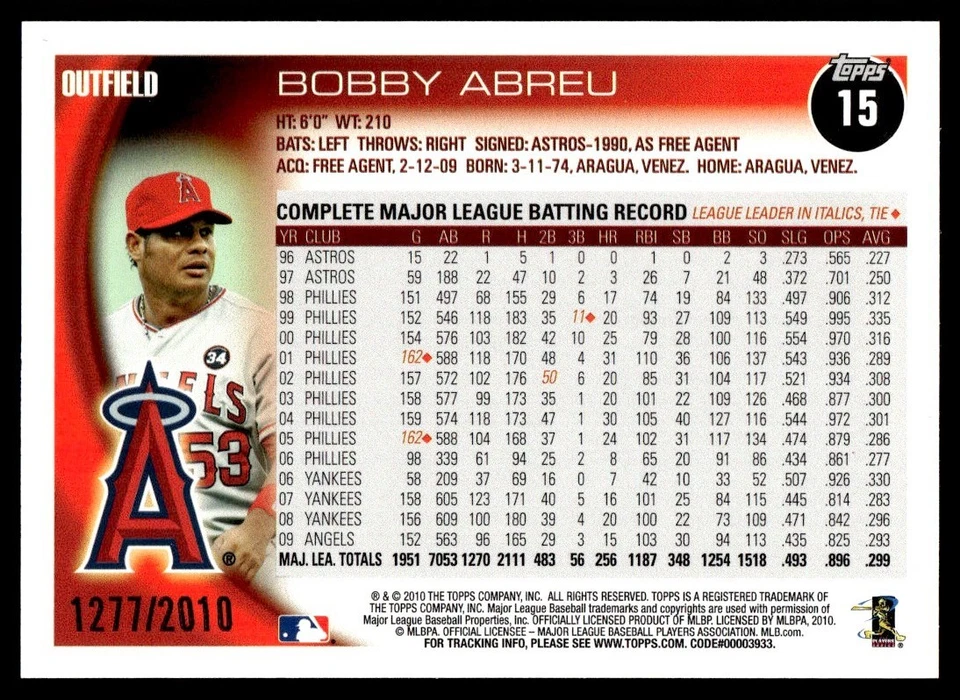 2010 Topps Gold Bobby Abreu 1277/2010 Los Angeles Angels #15 - Image 2 of 2