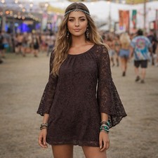 VTG Y2K Jody California Brown Mini Dress L Bell Sleeve Romantic Boho Lace USA