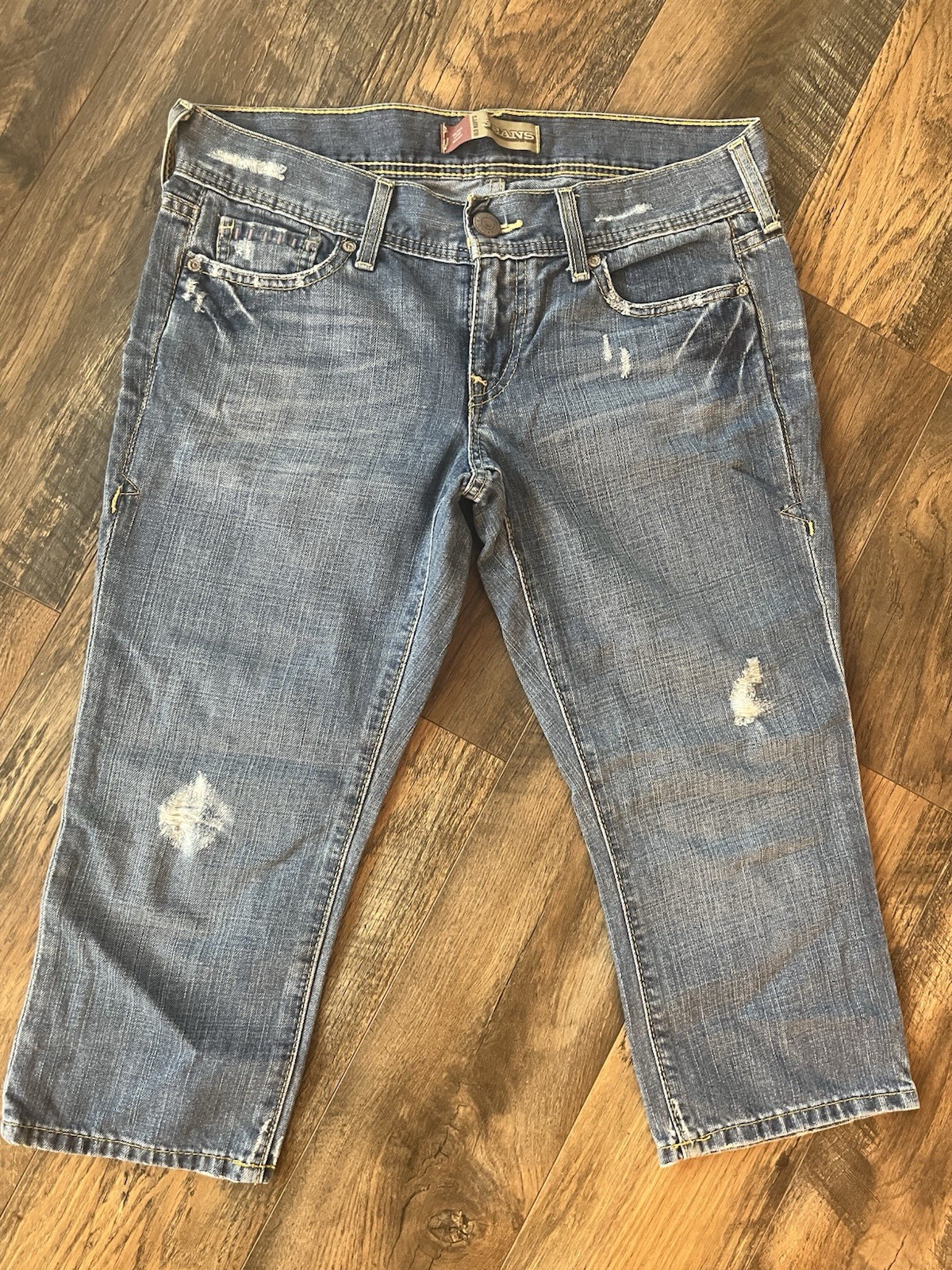Women Vintage Old Navy Distressed Purple Stitch Capri Ultra Low Waist Jeans Sz 6