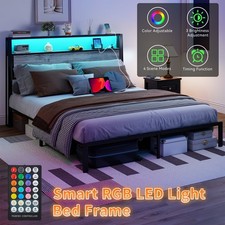 Queen Bed Metal Platform Bed Frame with LED Lights Headboard Charging Station