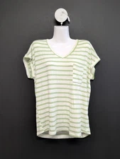 Staccato Lori Textured Striped V Neck Short Sleeve Pocket Women T Shirt L Green