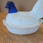 Fenton Handmade Milk Glass White Chicken Figurine Blue Head Decorative