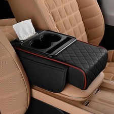 Armrest Cushion, 5-in-1 Center Console Cover with 2 Storage Bags Cup Black red