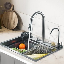 304 Stainless Steel Waterfall Kitchen Sink 60x45cm Single Bowl Faucet Set CupJet