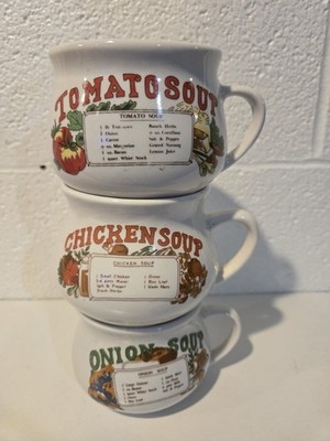 Vintage Mugs Bowls with Handles Onion, Tomato, Chicken Soup Ceramic 1970s