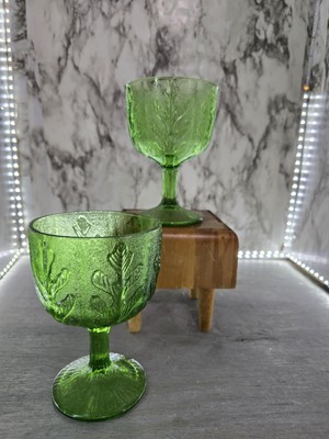 1975 FTD Green Glass Oak Leaves Goblets/Vases set of Two