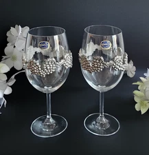Set Of 2 Bohemia Crystal Wine Glass Grape Clusters Around Made In Czech Rep 7.8"