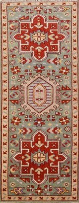 Green Geometric Runner Rug 3x8 Hand-knotted Wool Oriental Traditional Carpet