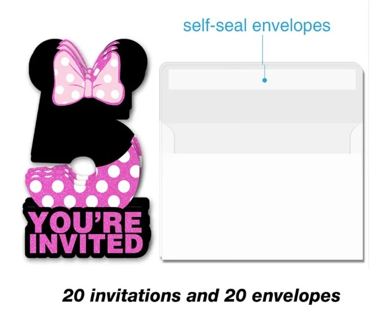 20 Minnie Mouse 5th Birthday Party Invitations Girl Pink Glitter With Envelopes - Image 3 of 4