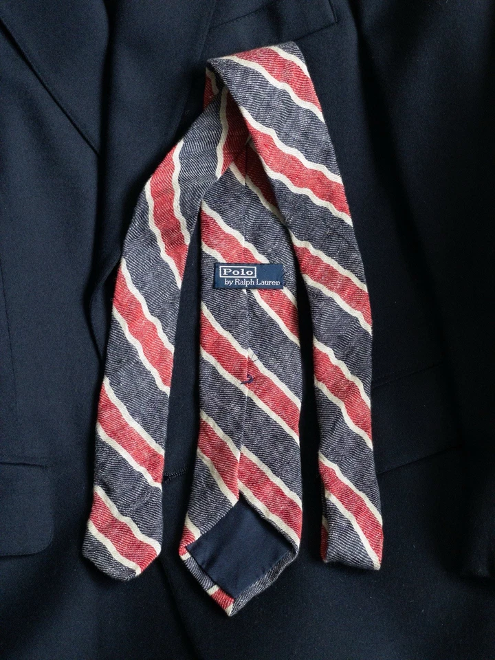 Corbata de lino POLO RALPH LAUREN vintage hecha a mano en Italia roja blanca azul a rayas Foto 4 de 4