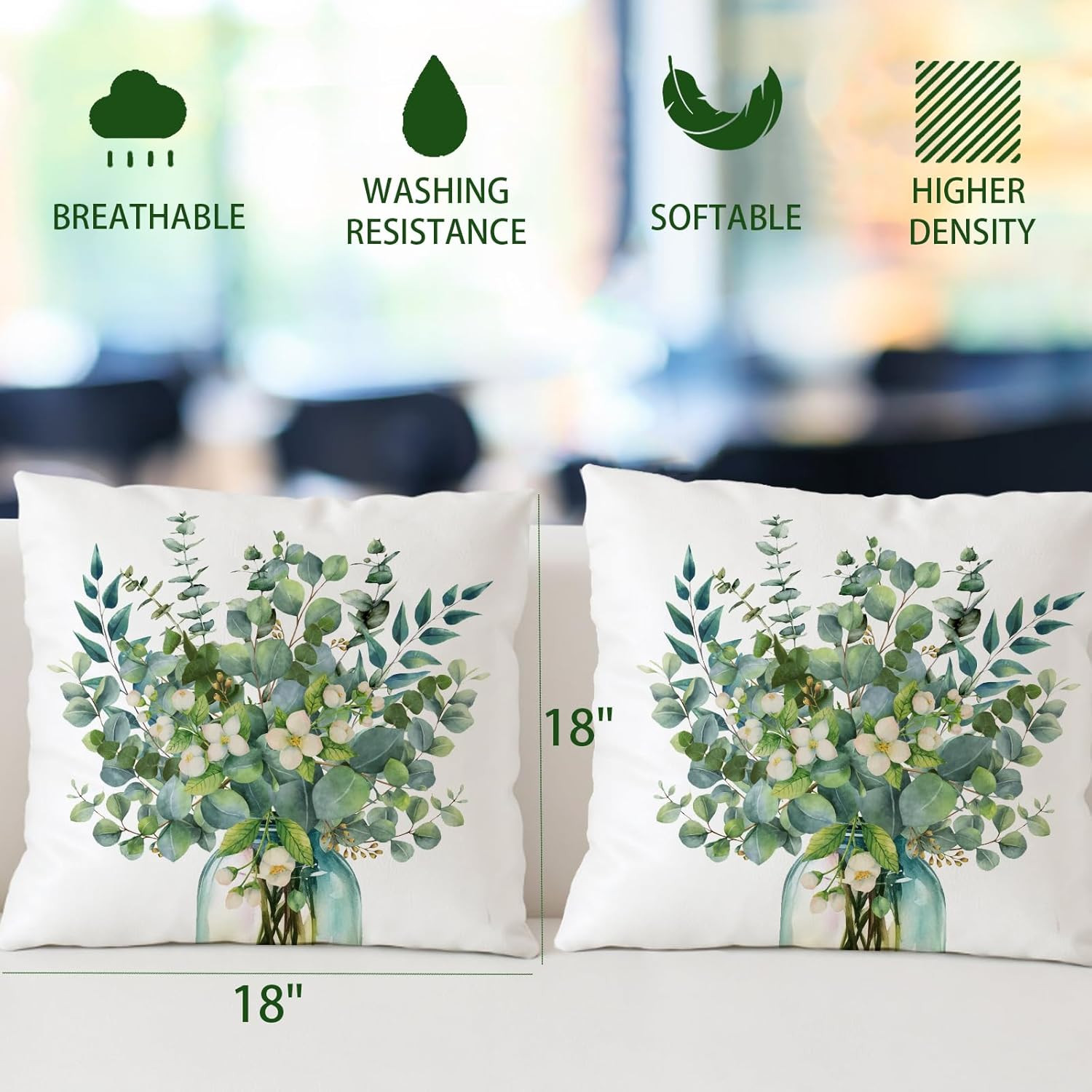 Eucalyptus Leaves Pillow Covers 18x18 Set of 2 Spring Sage Green Leaf Throw Pill