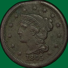 1845 Clipped Planchet Large Cent Almost Uncirculated AU Coin, Corrosion #43967