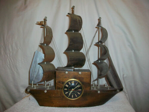 Vintage Old Wood & Metal Sailing Ship Clock - Picture 1 of 8