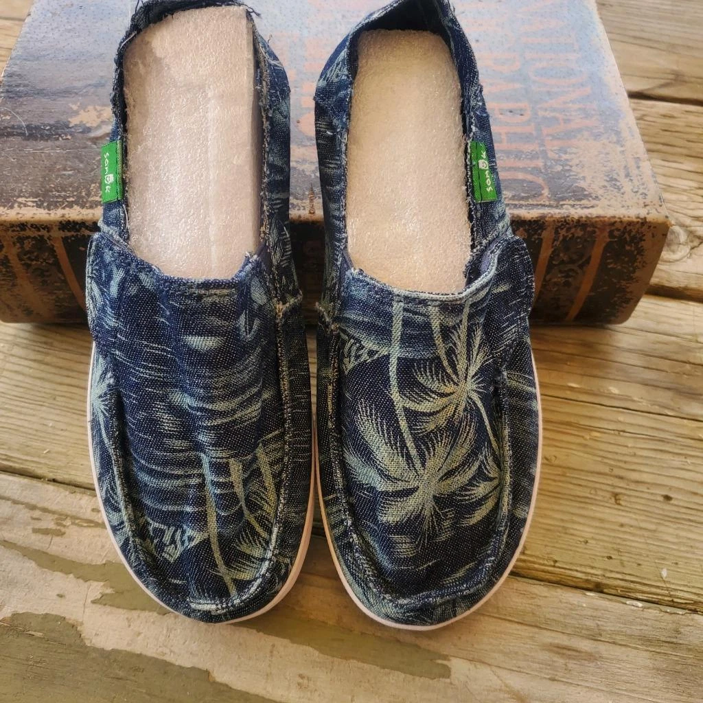 Sanuk Size 13 Boys Little Don Bro Slip-On Blue Palm Tree Canvas Shoes NWOT