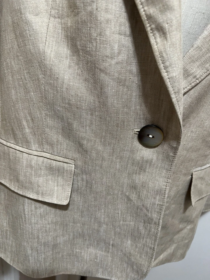 Blazer Chaqueta Lafayette 148 Lino Metálico Beige Dorado 14 Un Botón Carrera Foto 3 de 4