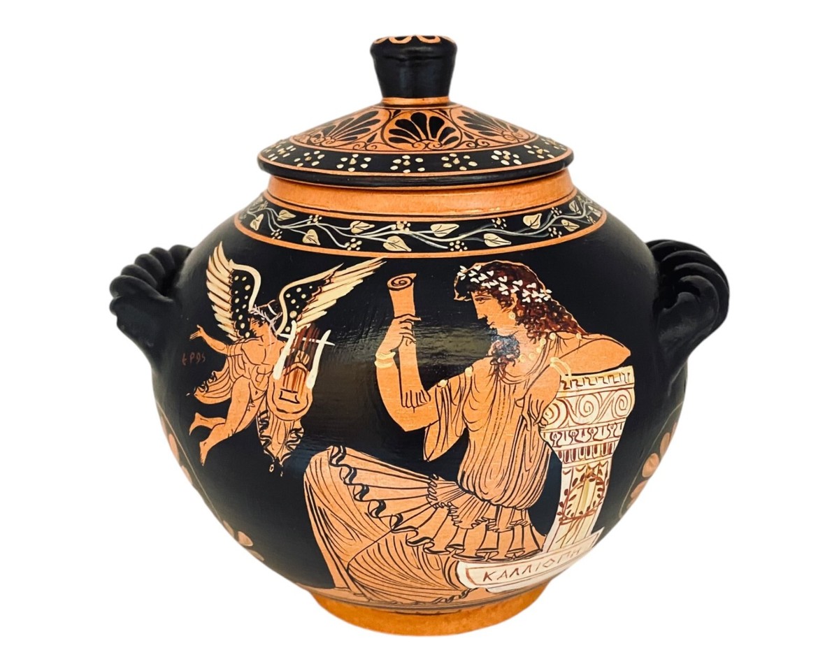 Red figure pottery pyxis 19cm,Calliope Greek Muse,Goddess