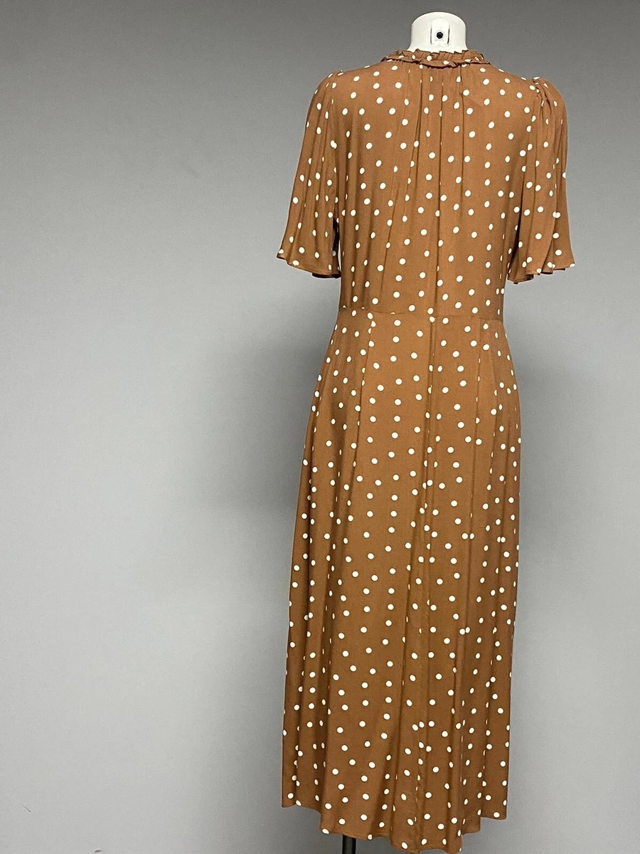 new ex Peacocks dress spot print tan white woman maxi dress tie