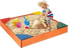 PlayTive Kids Wooden Sandbox Sand Pit 4 Built-In Corner Seating 432648 Free Ship