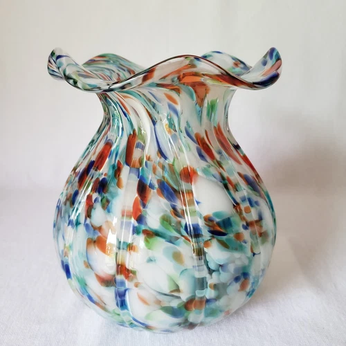 Studio Art Glass Confetti Vase Hand Blown Multicolor Ribbed Wavy Lip 5.25"H 2+lb