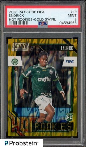 2023-24 Score Fifa Soccer Hot Rookies Gold Swirl Endrick RC Rookie 5/10 PSA 9
