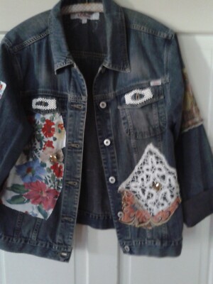 Damen Jeansjacke, außergewöhnlich, Patchwork 70er Stil, selbsterstellt, Gr. L