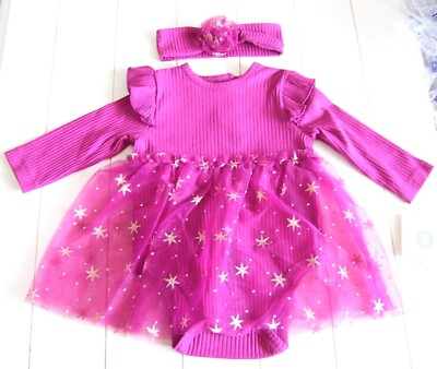 Little Me 2 Pc Burgundy Red Gold Star LS Tutu Bodysuit Dress Headband XMAS 9M