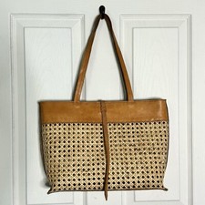 Poppy + Sage Rattan Cane Top Handle Handbag Tote Natural Tan Leather Trim