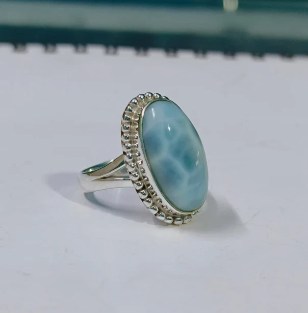 Precioso anillo de piedras preciosas Larimar hecho a mano de plata 925 anillo de todas las tallas R312 Foto 3 de 4