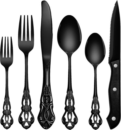 Premium 48-Piece Vintage Black Flatware Set with Steak Knives - Dishwasher Safe