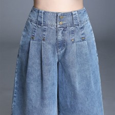 Pantaloni Donna A Gamba Larga In Denim Piegati Alta Vita Corti Casual